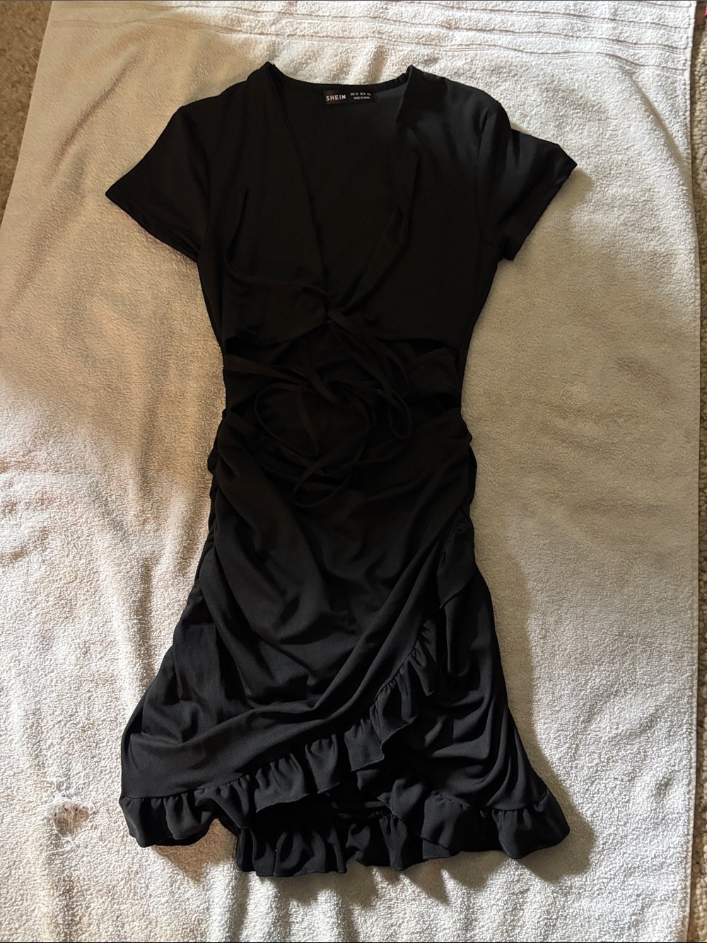 Little Black Dress SHEIN Black Short Sleeve Ruffle Tie-Waist Mini Dress Size XS